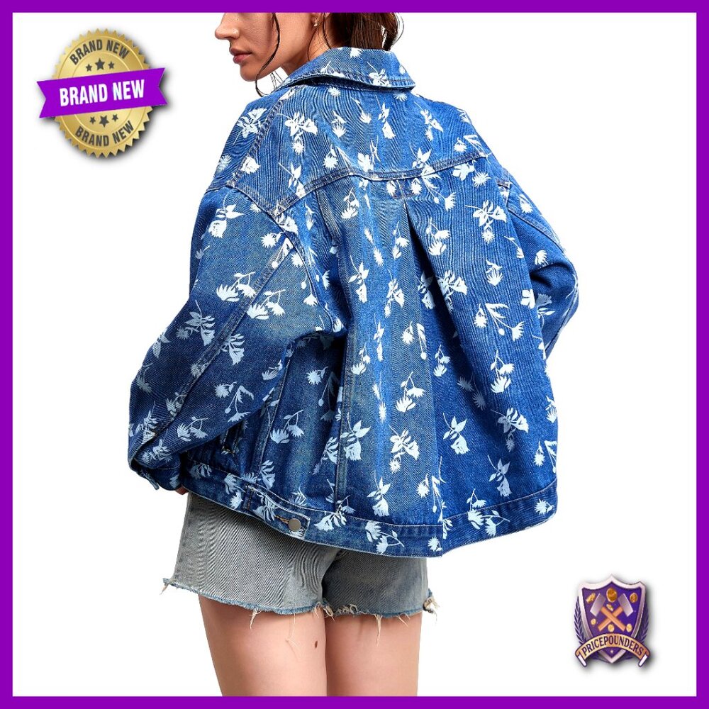 Oversized Denim Jacket Vintage Boyfriend Fit Printed Design Long Sleeve Button